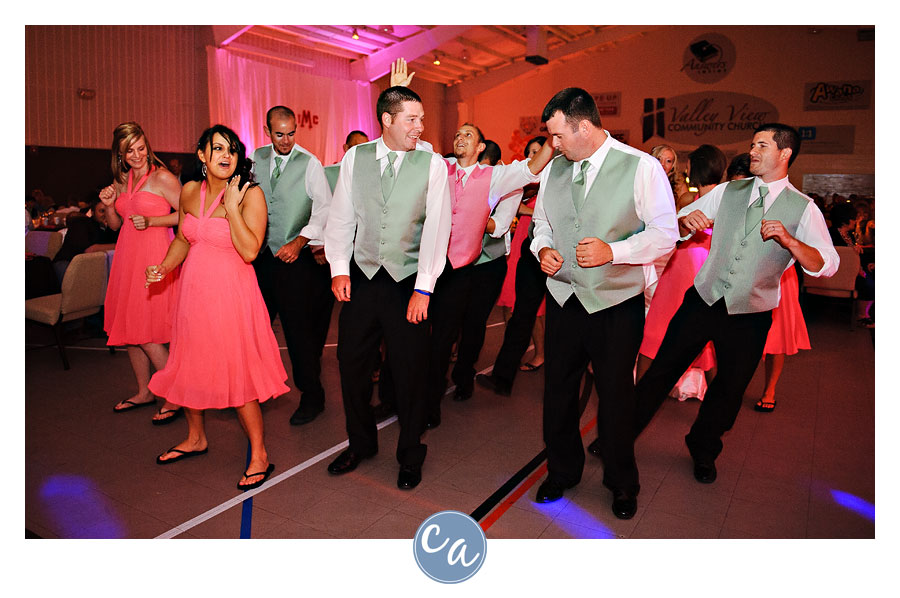 bridal party line dancing at reception