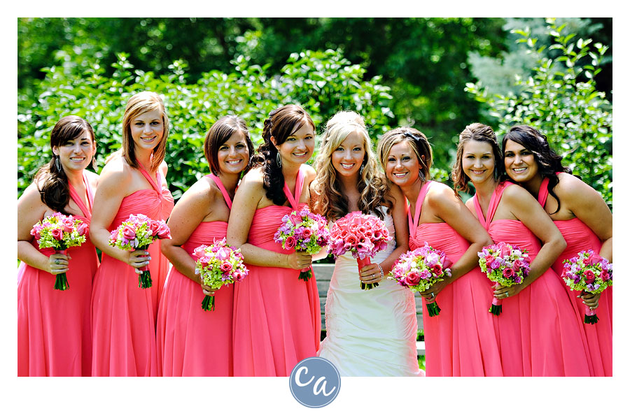 bridesmaids and bride outside of church in Sugarcreek Ohio
