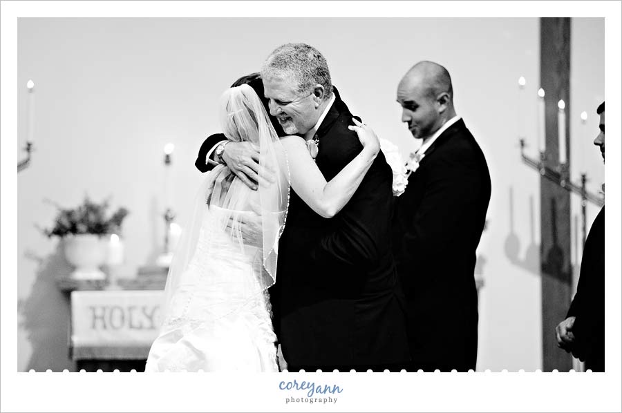 David and Kelli's Wedding father of bride hugging daughter