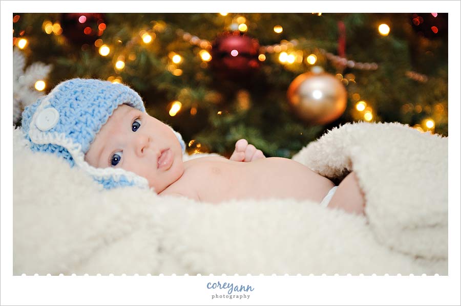 baby laying in basket in front of christmas tree in hinckley ohio