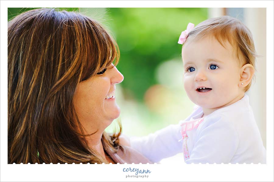 Family Portrait Session at Fellows Riverside Gardens one year old girl and her mom in youngstown