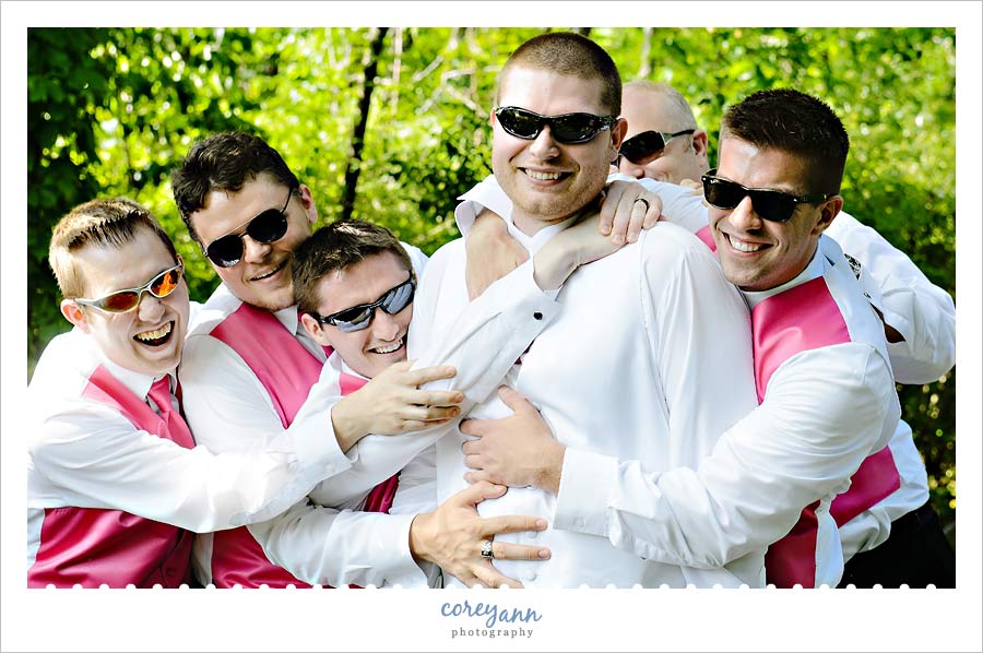 groom and groomsman in hot pink in Ohio