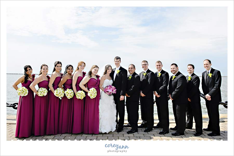 purple bridal party at voinovich park in cleveland ohio