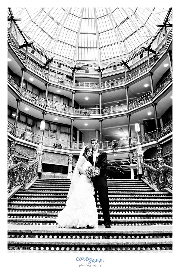 bride and groom at the hyatt arcade in downtown cleveland 