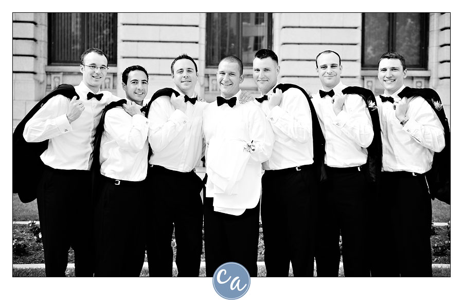 groomsman in front of the old courthouse in Cleveland