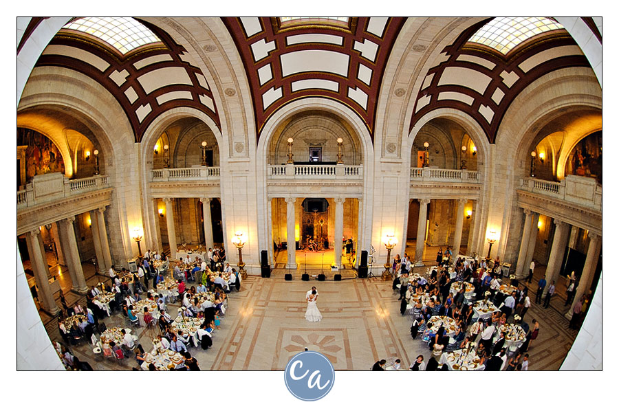 arial view of bride and groom first dance at the courthouse