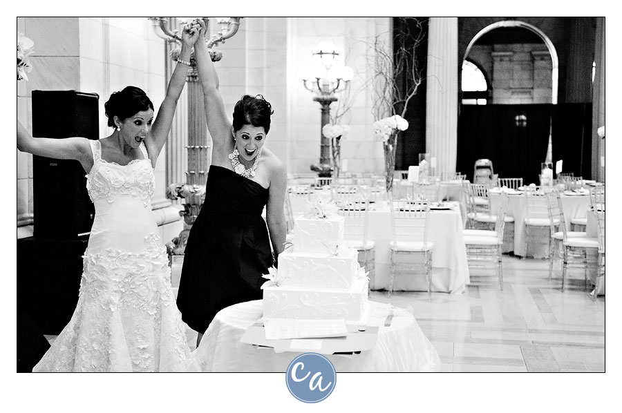 bride and matron of honor excited to see reception