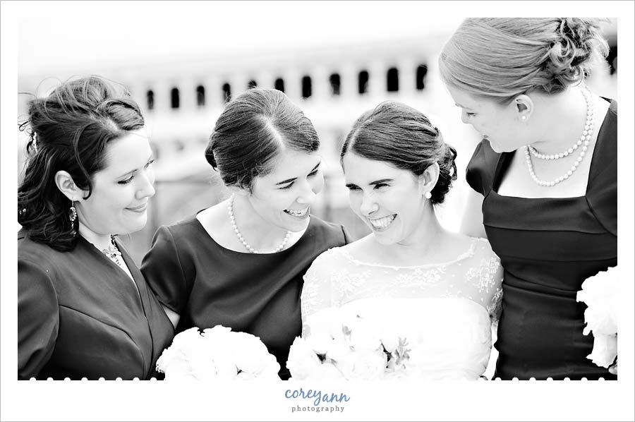 bride and bridesmaids in black and white in downtown cleveland