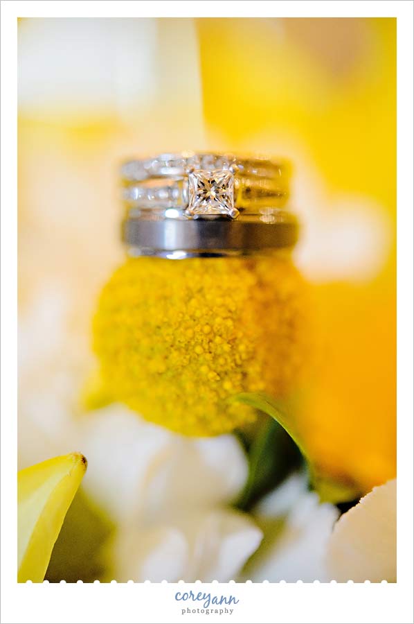 wedding rings on yellow bouquets