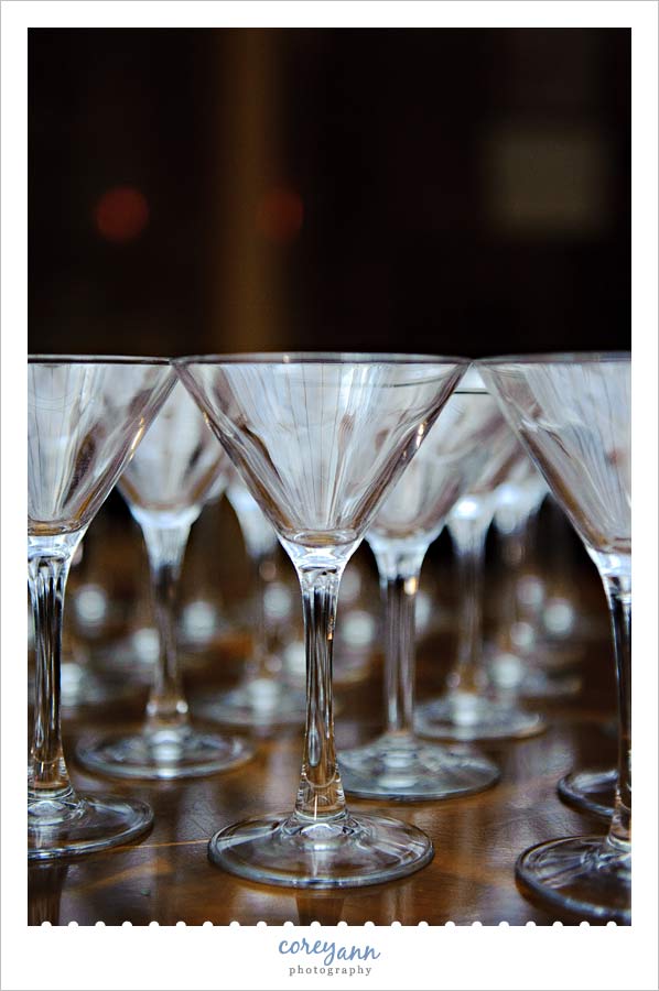 martini glasses set up for mashed potato bar at the arcade