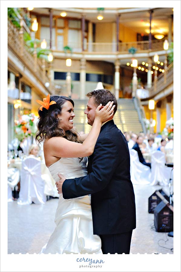 bride and groom first dance at reception at the arcade in cleveland ohio