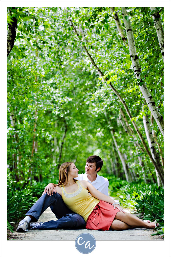 engagement portrait in birch alee at stan hywet