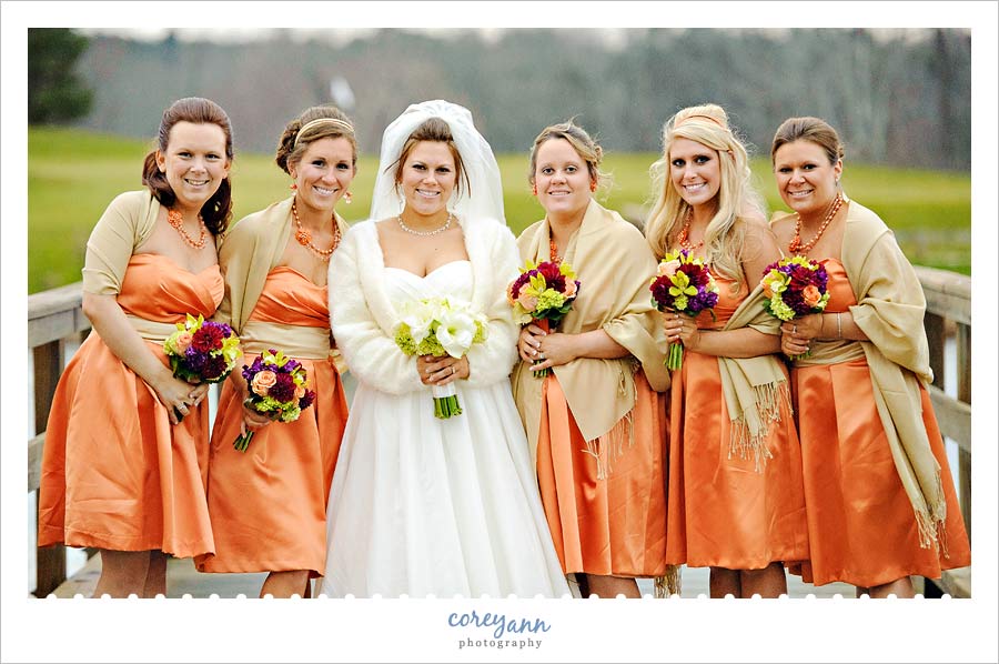 bridesmaids wearing orange and gold in medina ohio