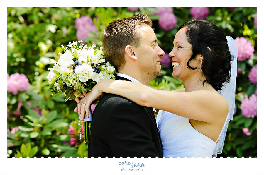 bride and groom in gardens at holden arboretum