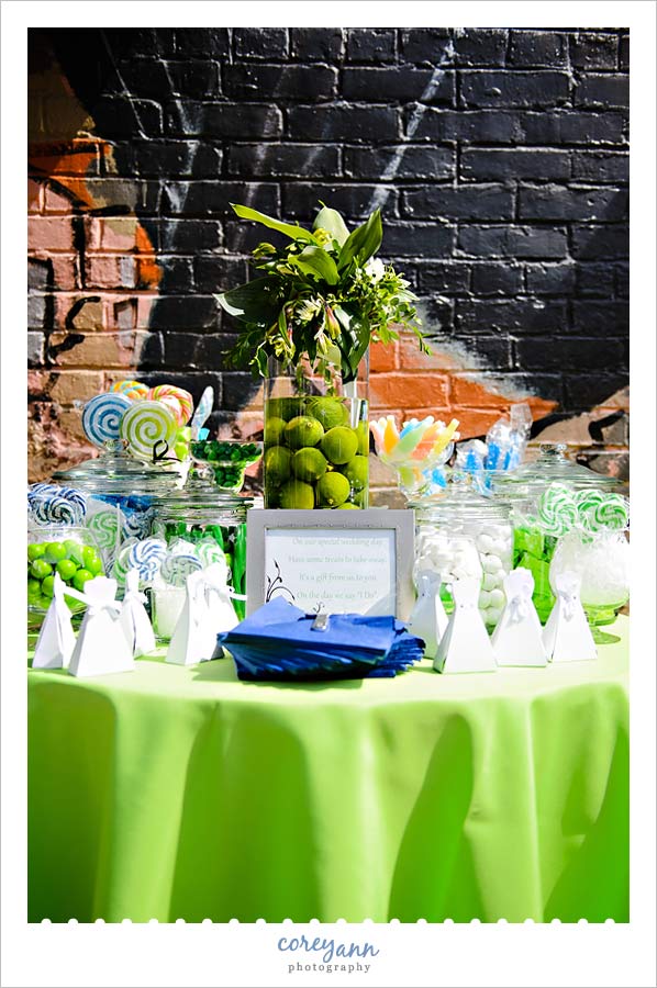 blue and green candy bar at a wedding in cleveland ohio