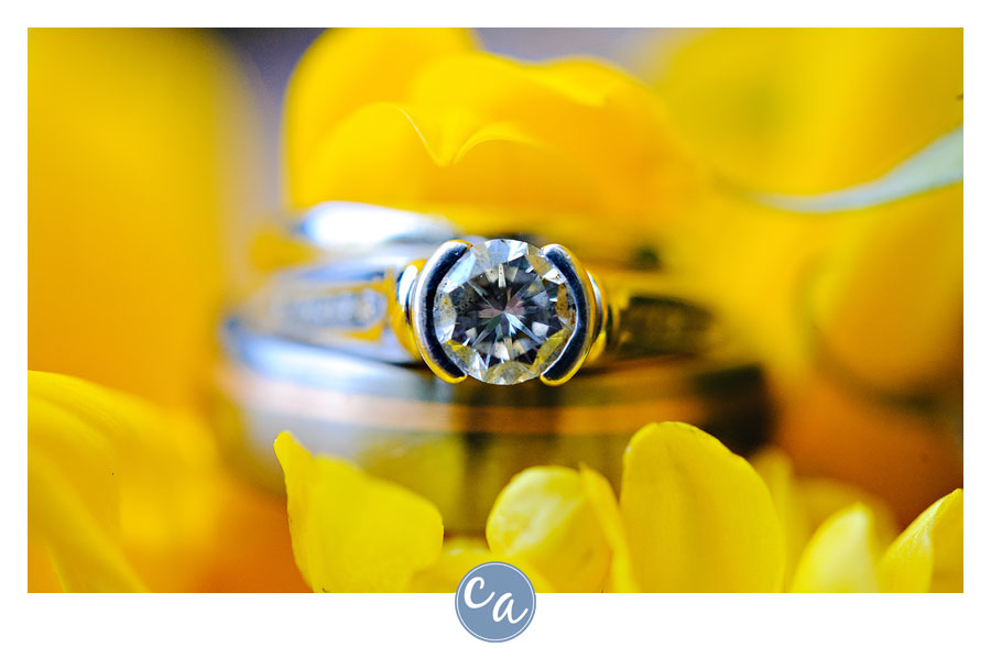 wedding rings on top of sunflowers