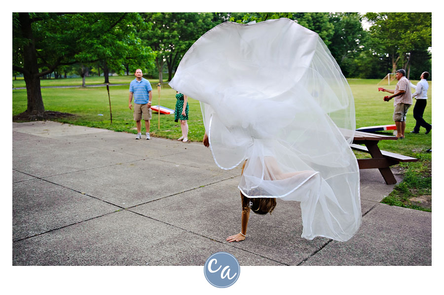 bride doing cartwheel