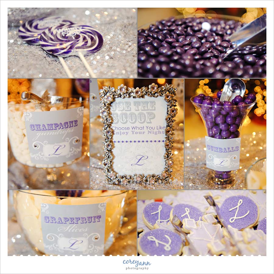 purple and white candy buffet in Westlake ohio